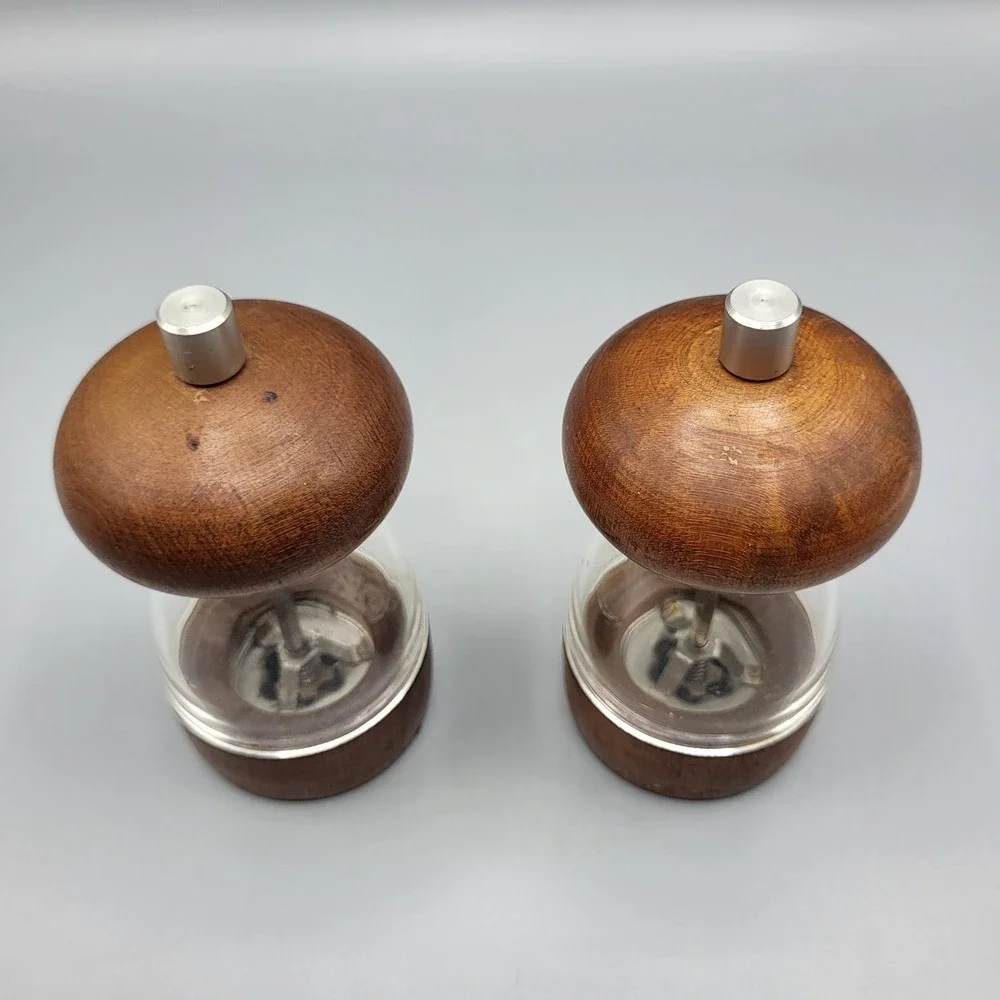 Salt and Pepper Grinder Set Mushroom Shape MCM Wood Glass Brown Kitchen Decor